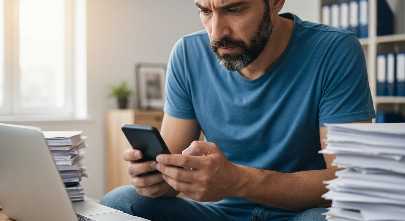 Parent looking concerned while reviewing downloadable college student warning signs checklist on smartphone