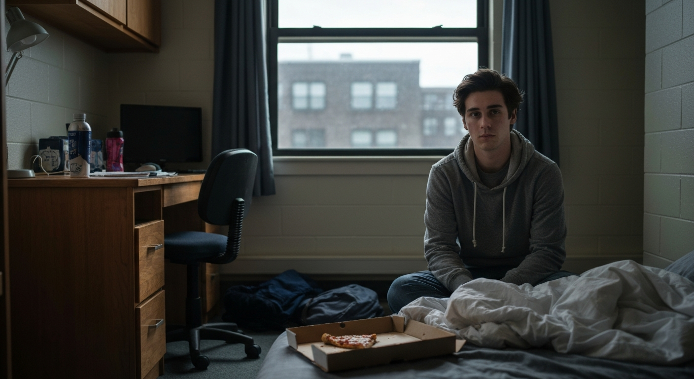College student alone in dorm room showing behavioral warning signs including social isolation and neglecting self-care