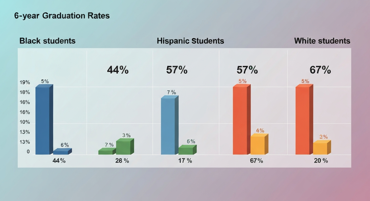 Comparison table showing six-year college graduation rates of 44% for Black students, 57% for Hispanic students, and 67% for White students at four-year institutions