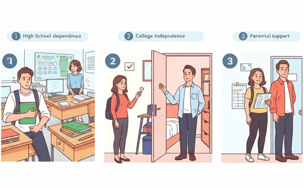 Illustration showing the progression from high school dependence to college independence with parental support
