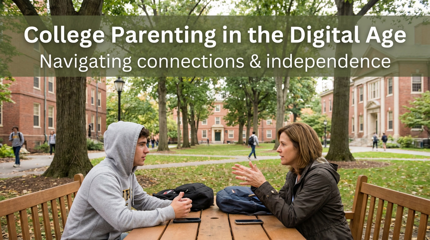 College Parenting Digital Balance - College student and parent having meaningful conversation outdoors on campus