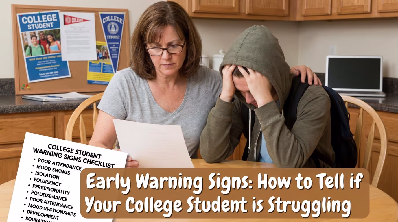 Concerned parent reviewing college student warning signs checklist while supporting their child's mental health
