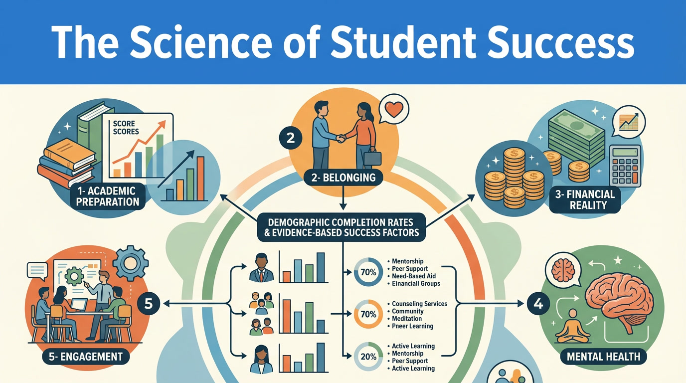 Data on student success - visualization showing five key predictors of college student graduation with demographic completion rates and evidence-based success factors