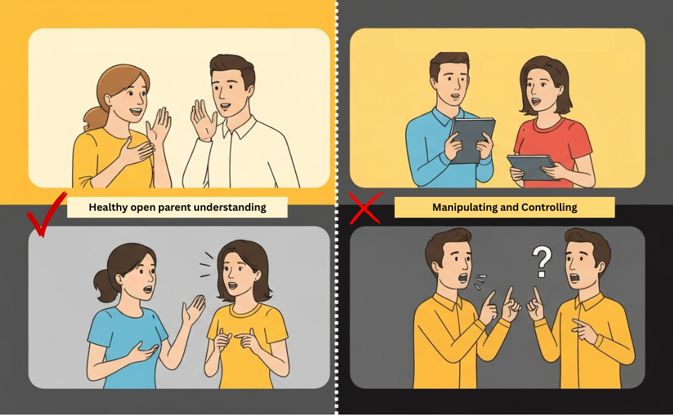 Visual diagram showing healthy versus intrusive parent communication patterns with college students