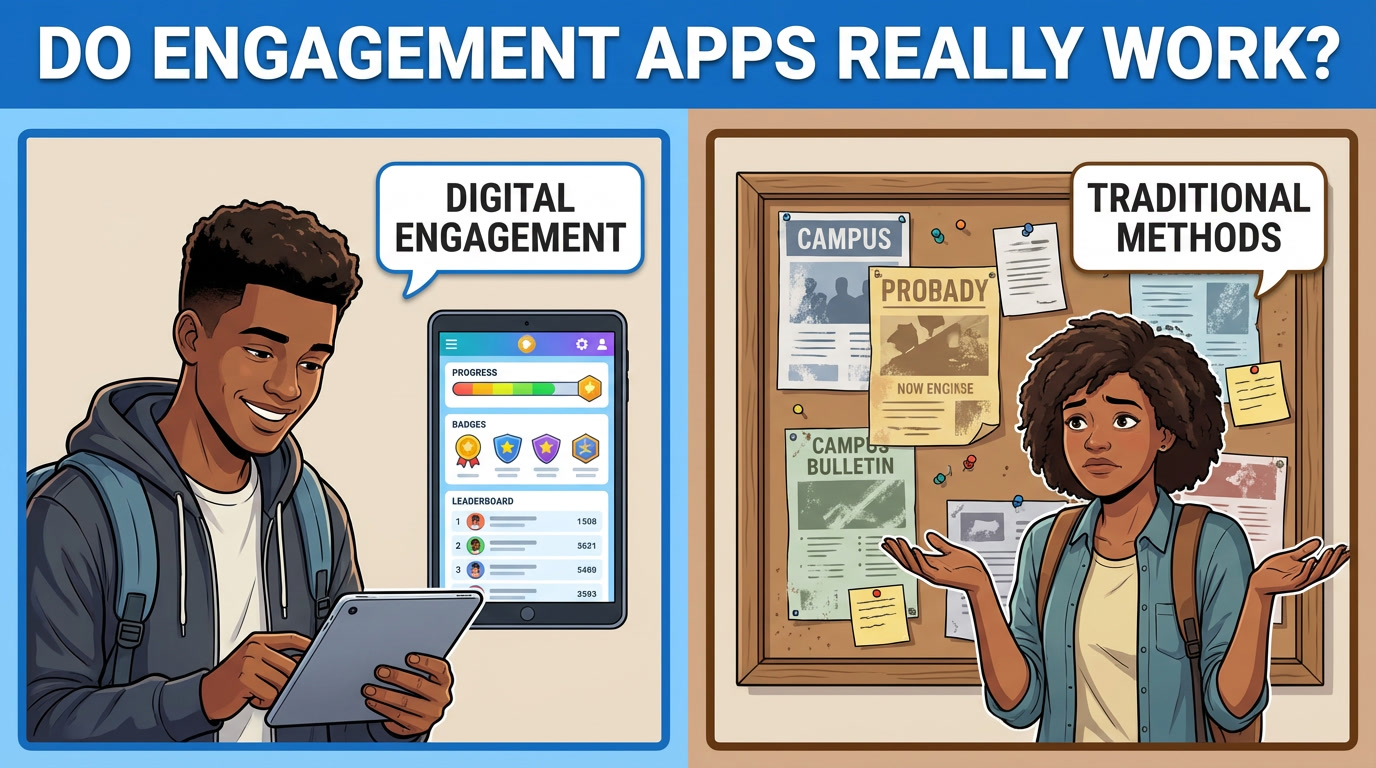College Gamification Benefits - Split-screen comparison showing student using gamified engagement app with progress tracking versus traditional campus bulletin board