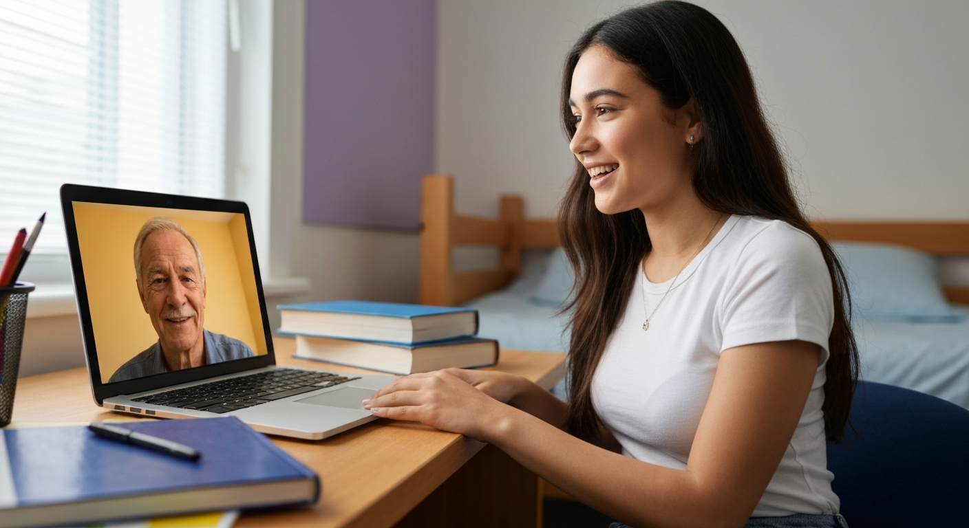 family obligations Parent offering support to a college student during a video call, strengthening communication to help prevent dropout linked to common college dropout reasons.