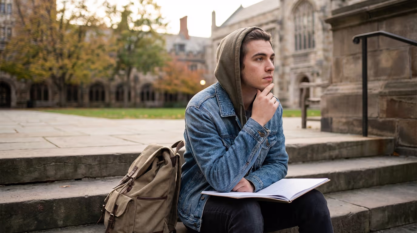 College student sitting alone on campus steps contemplating college dropout reasons and academic challenges