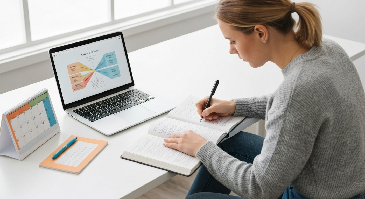 Creating a Specific Plan of Action for College Student Resilience College student creating a specific plan of action with a calendar, checklist, and study materials, demonstrating college student resilience and effective strategic planning.