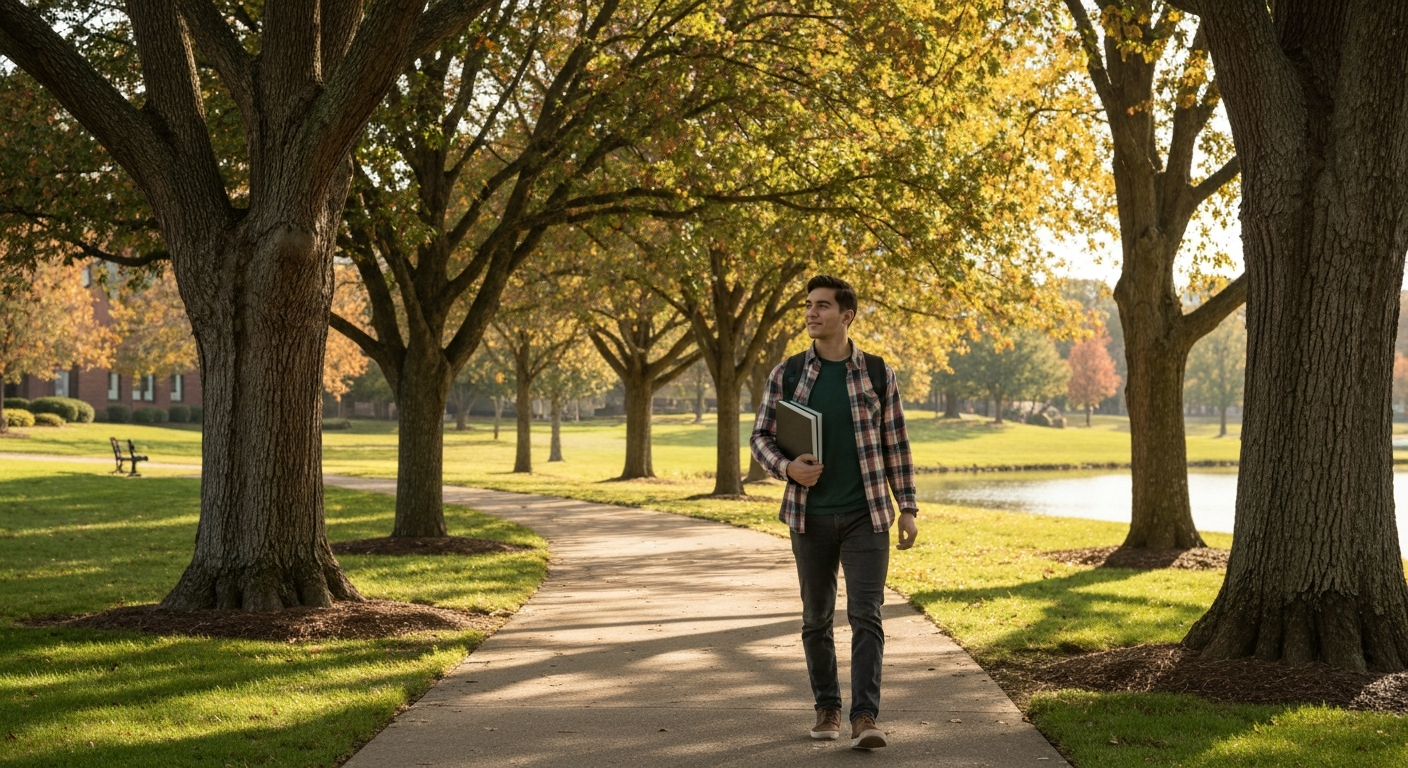 Taking the Long View: Building College Student Resilience College student reflecting on past setbacks while looking ahead optimistically, symbolizing growth and college student resilience through challenges