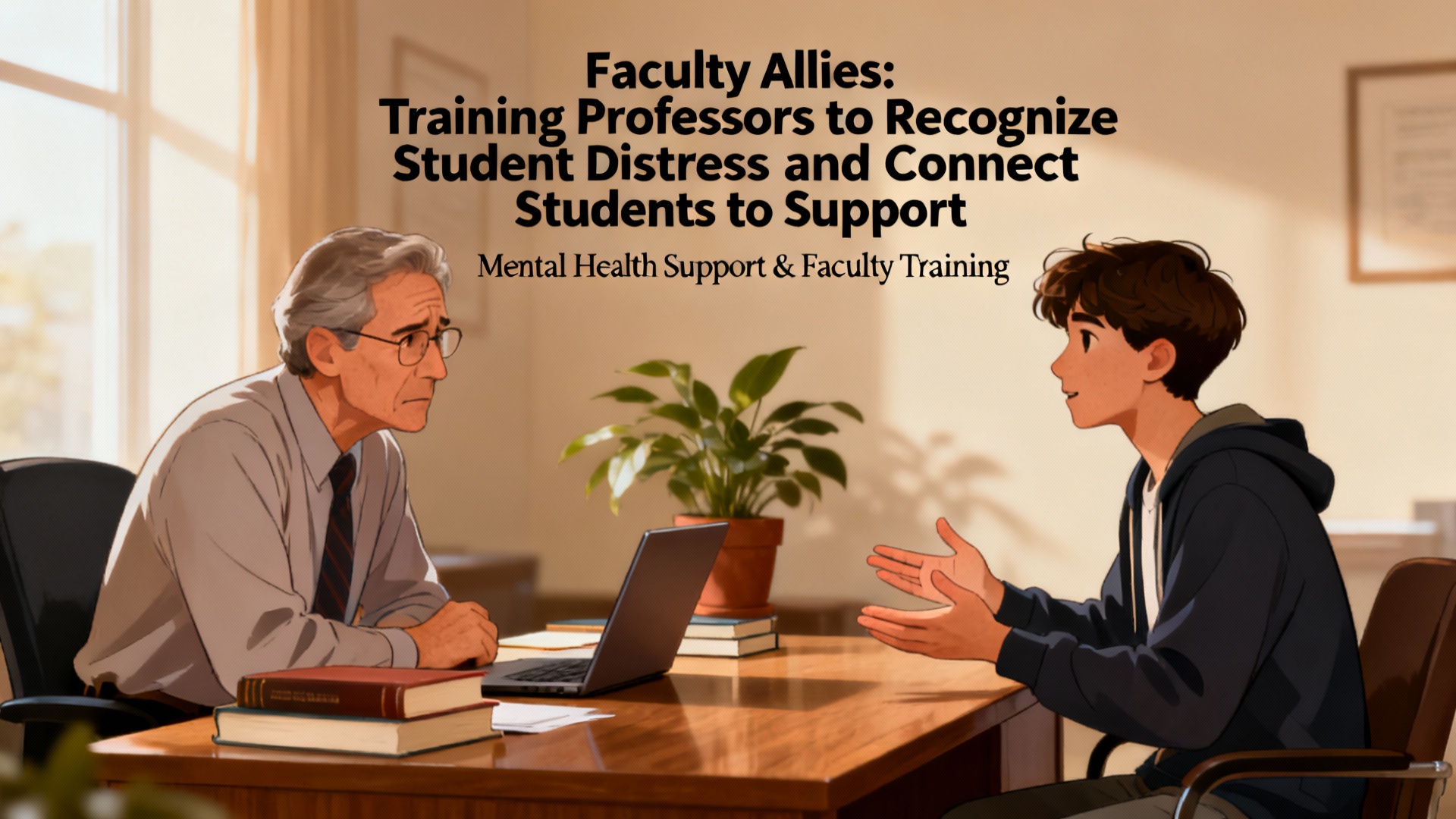Professor having supportive conversation with student during office hours about mental health and faculty mental health training