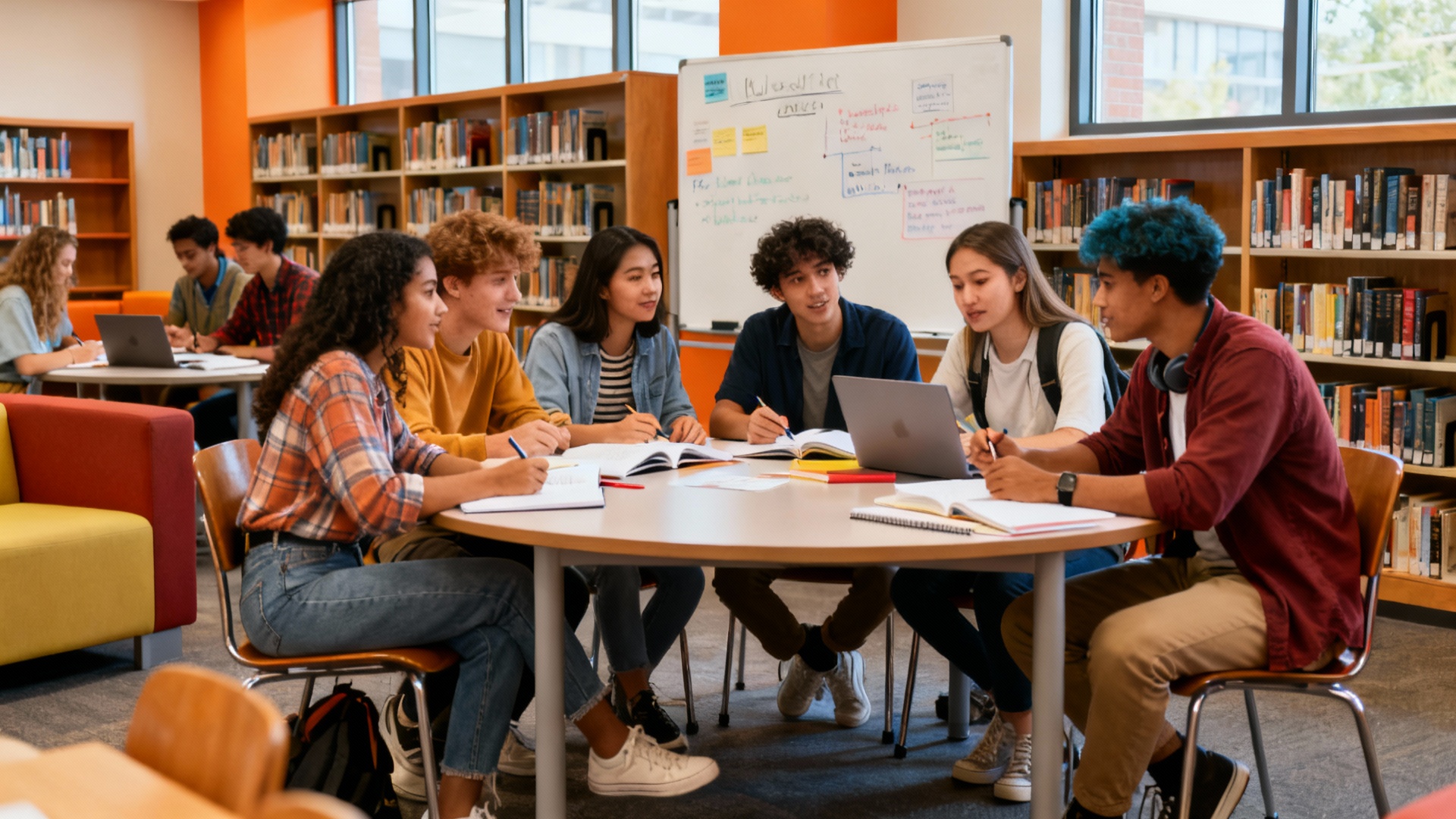 Diverse first-generation college students collaborating in study group on campus