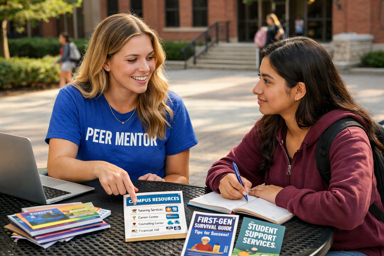 Upper-class peer mentor advising first-generation college student on campus resources