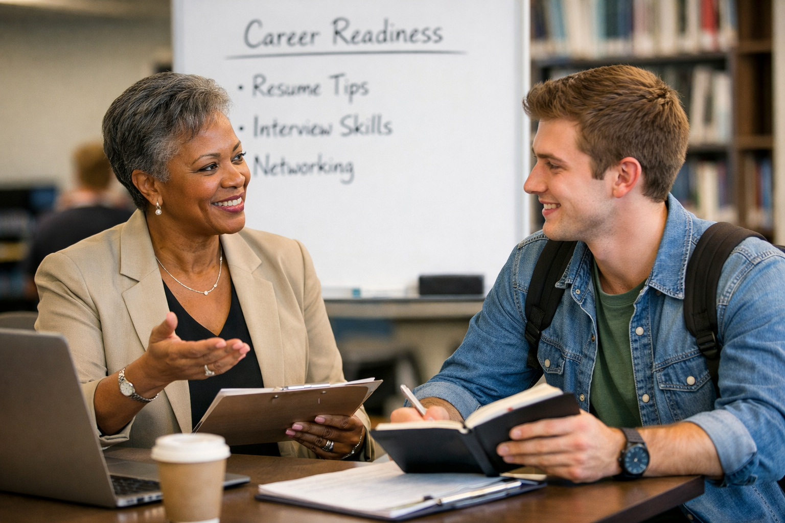 Alumni mentor discussing career readiness and professional development with college student mentee