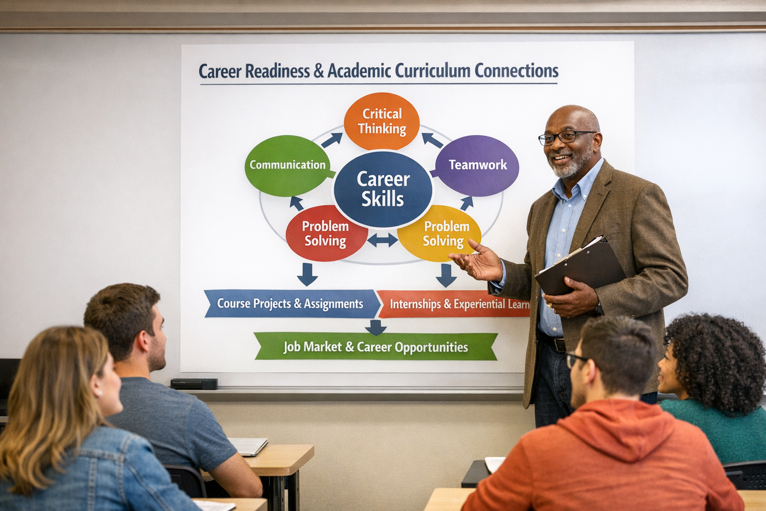 Professor teaching students about career readiness connections within academic course curriculum