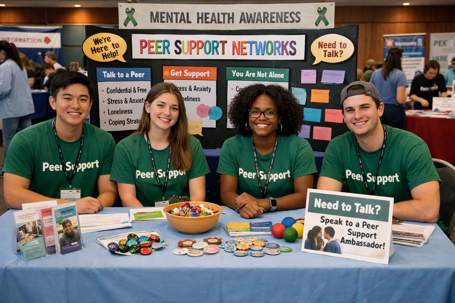 Student ambassadors staffing peer support networks information table at campus mental health event