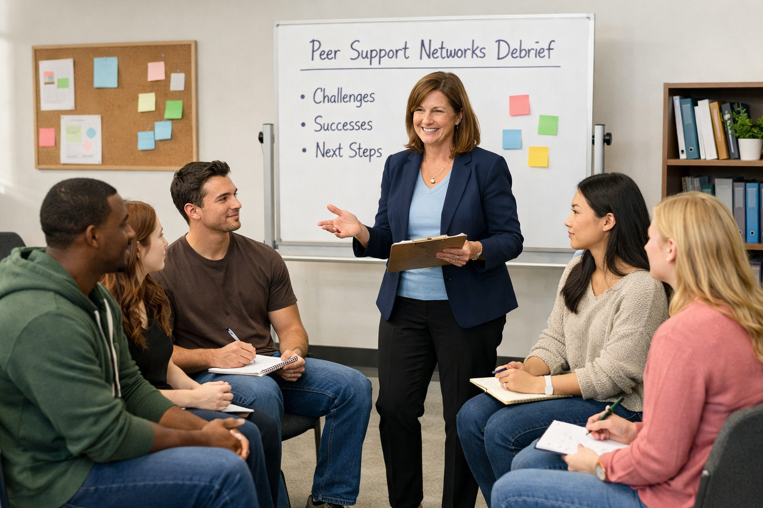 Professional supervisor leading a peer support networks debriefing session with student mentors