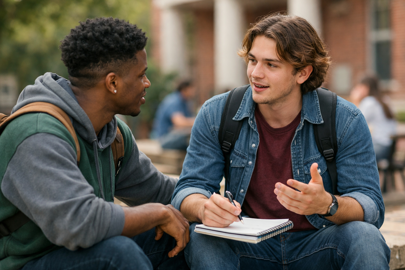 Two students engaged in a supportive peer support networks conversation on college campus