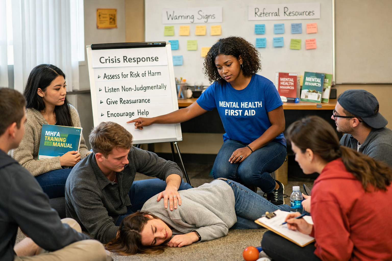 College peer mentors participating in mental health first aid training for peer support networks