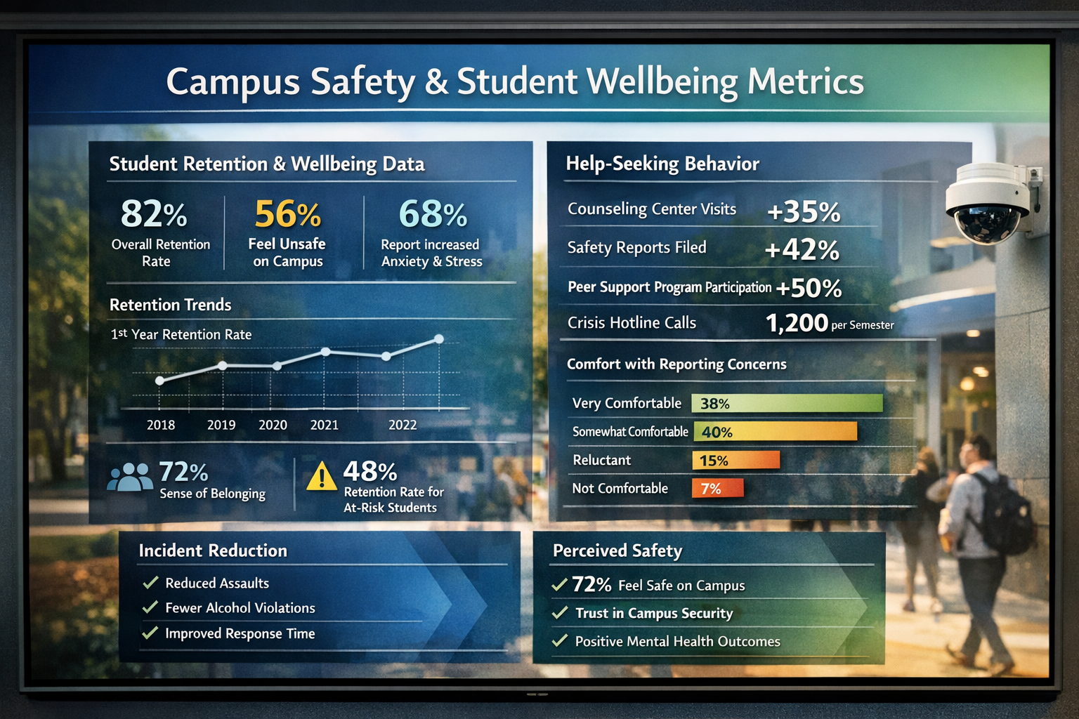 Campus safety and student wellbeing metrics dashboard showing retention and help-seeking behavior data