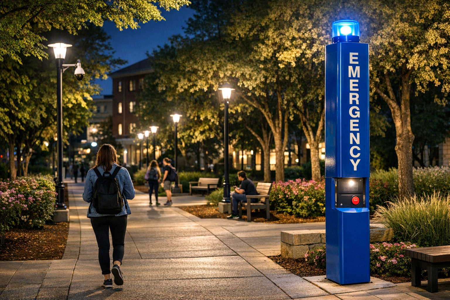 Campus safety and student wellbeing shown through well-lit outdoor campus walkway with emergency call stations