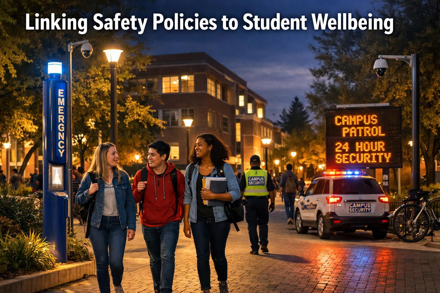 Campus safety and student wellbeing - students walking on safe, well-lit college campus showing comprehensive security measures