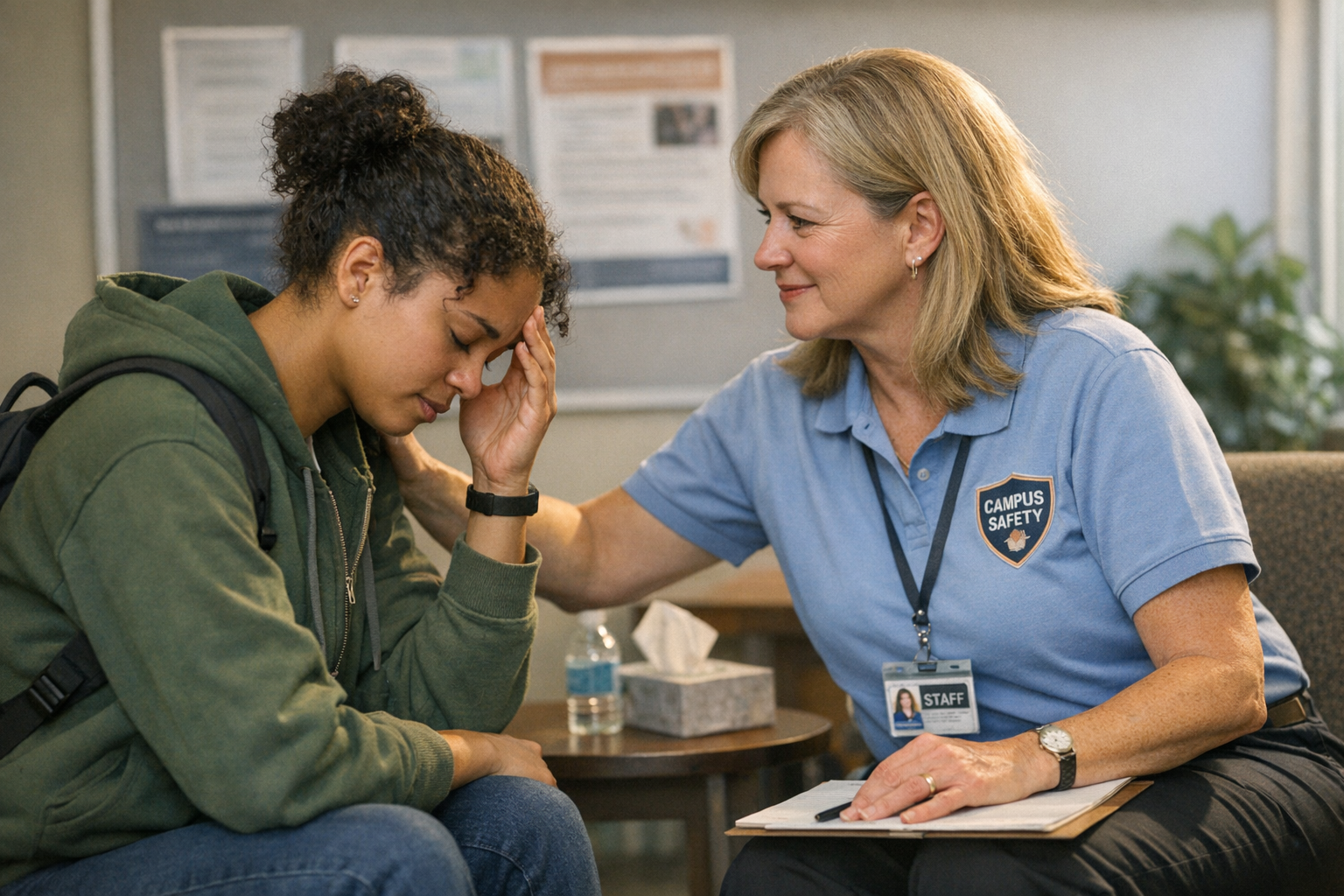 Trauma-informed campus safety practices showing student receiving support from trained staff member