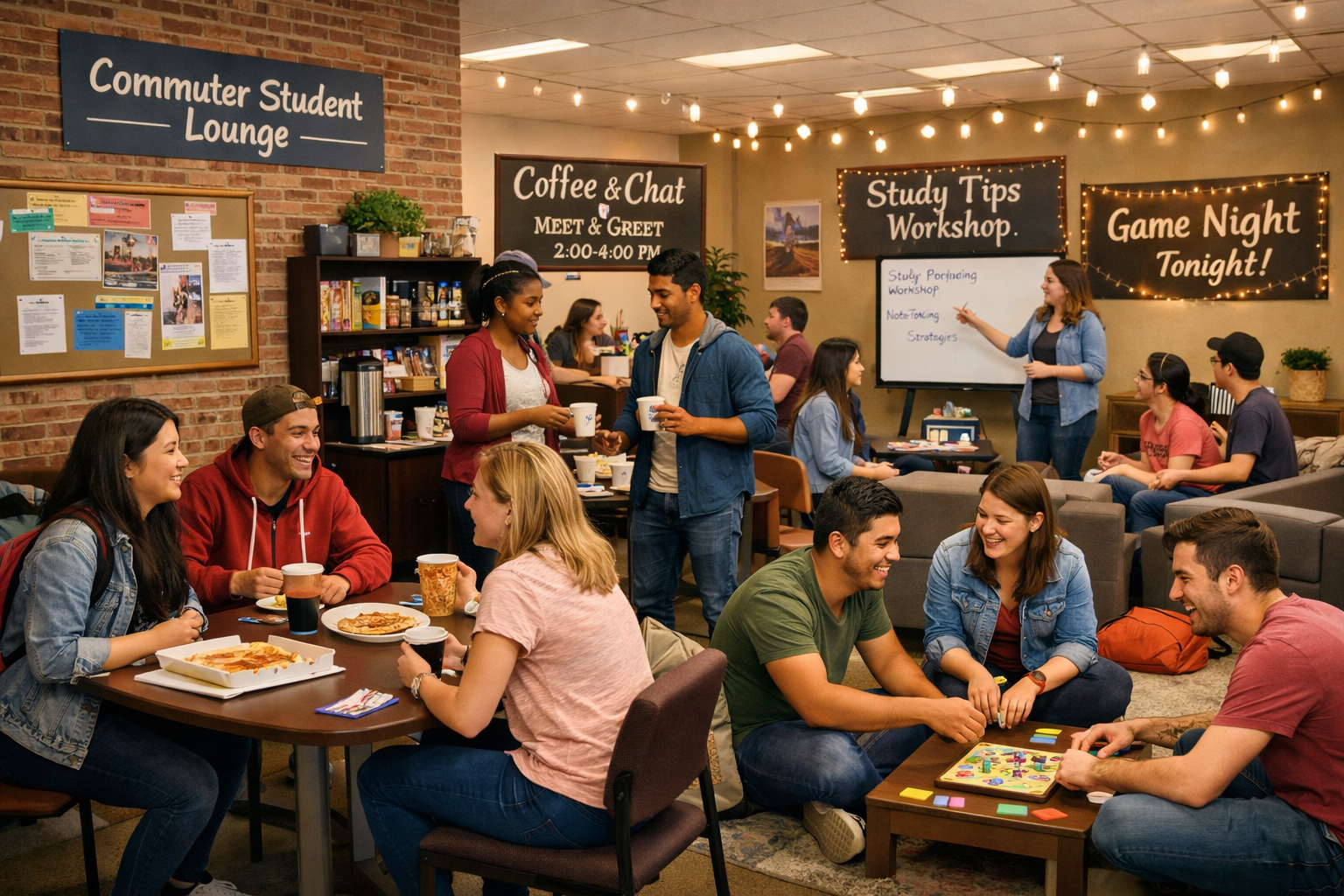 Commuter students building community in dedicated campus lounge spaces with targeted programming