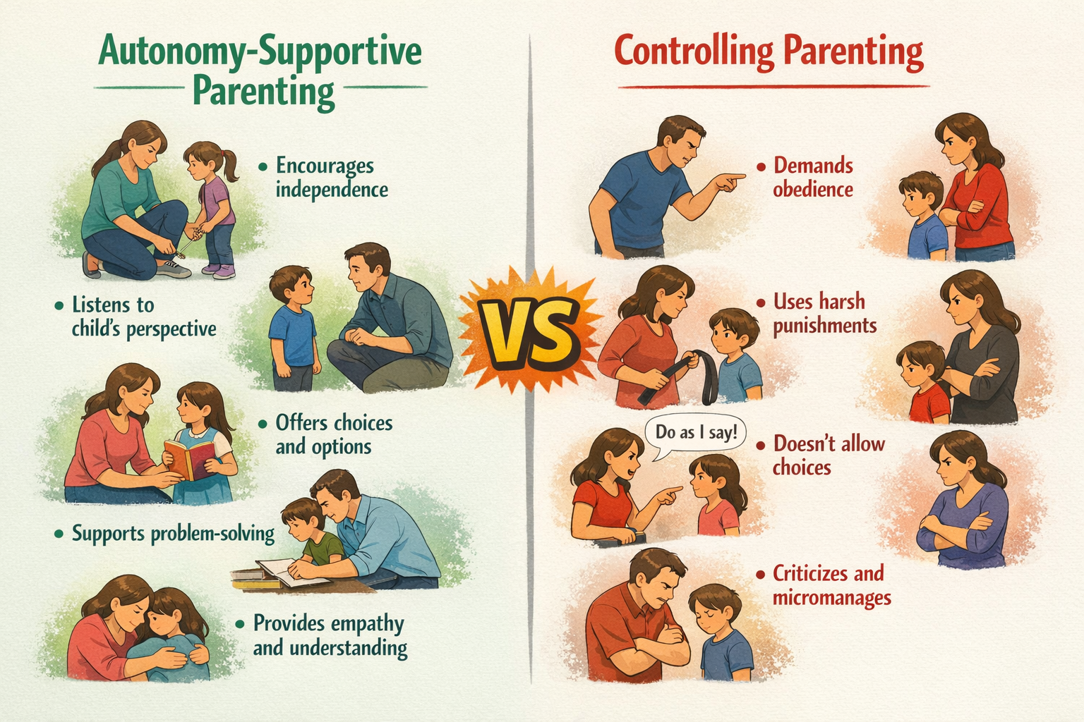 Side-by-side comparison of autonomy-supportive versus controlling parental behaviors