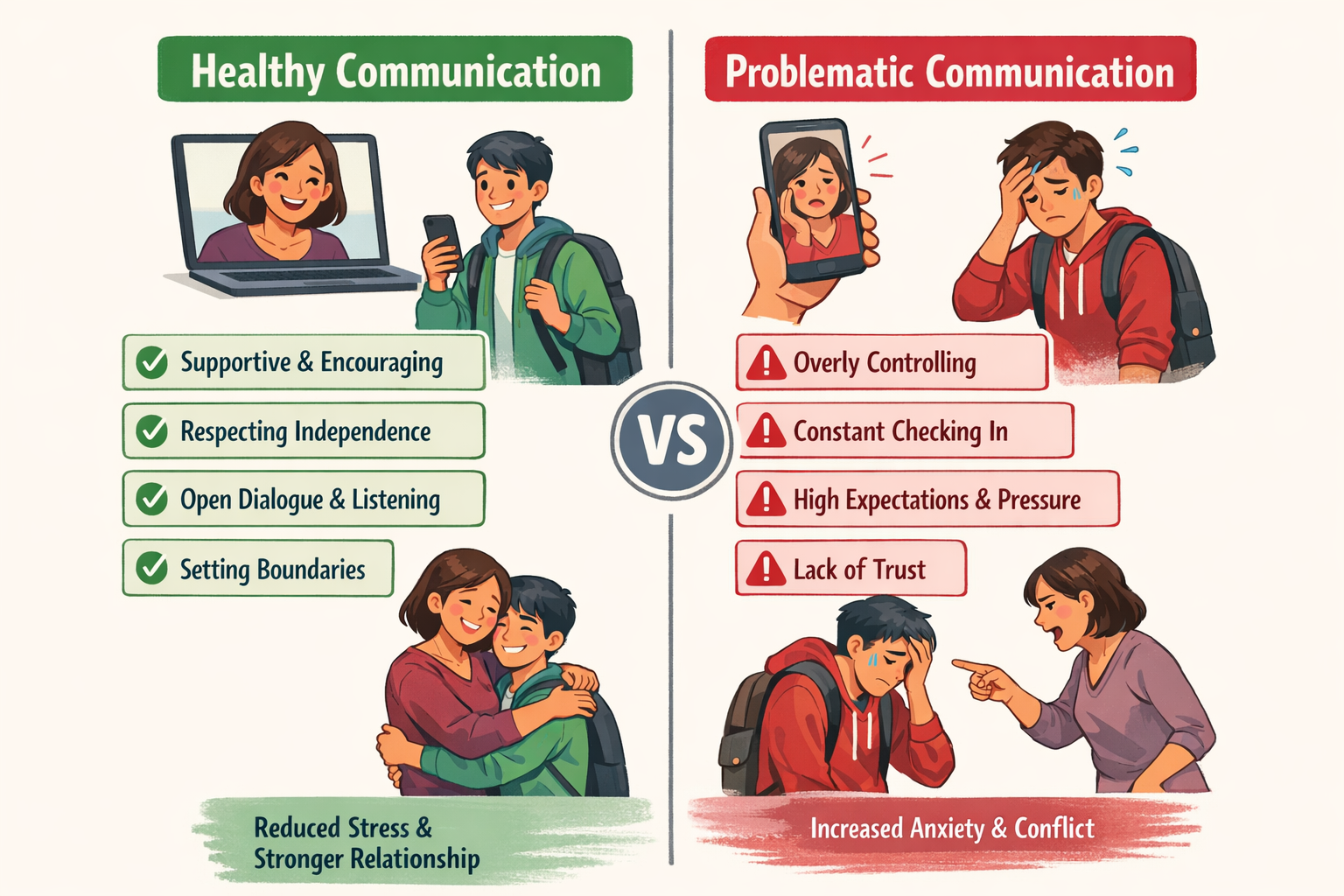 Visual comparison of healthy versus problematic parent-student communication patterns in college