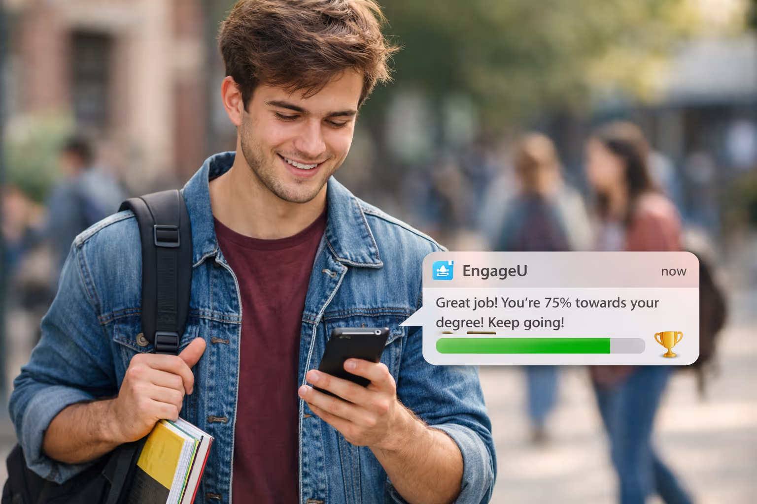 College student checking personalized engagement app notification while walking between classes with backpack
