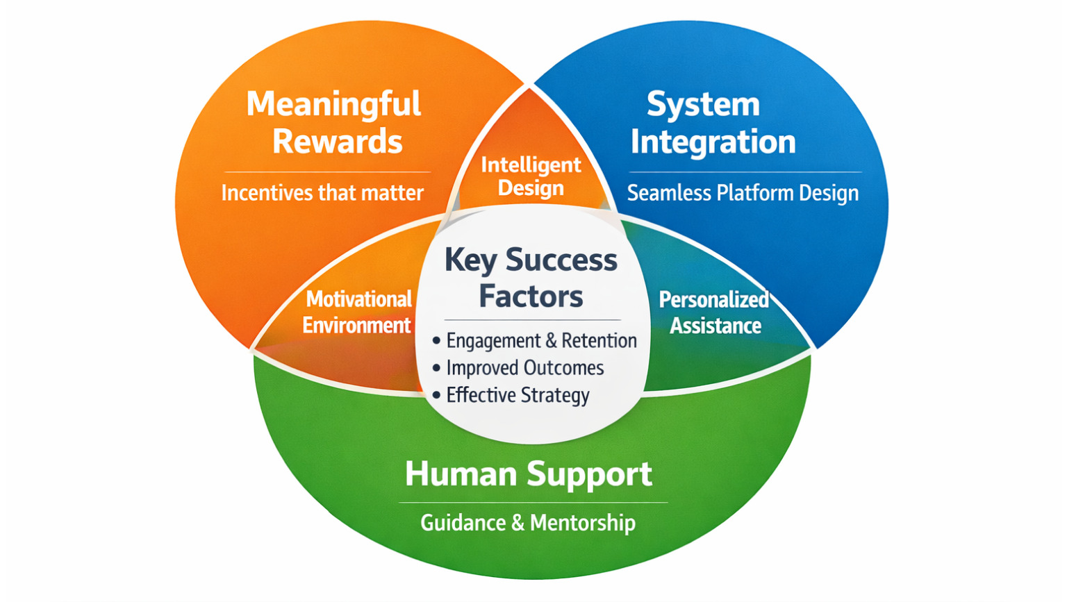 Venn diagram showing overlap between meaningful rewards, system integration, and human support as key success factors

