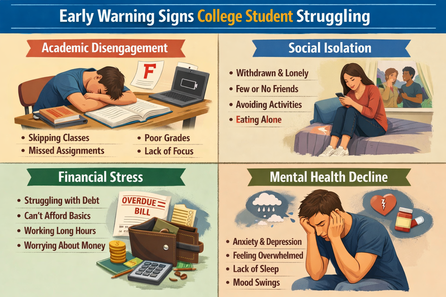 Visual checklist of early warning signs indicating college student struggle including academic disengagement, social isolation, financial stress, and mental health decline markers