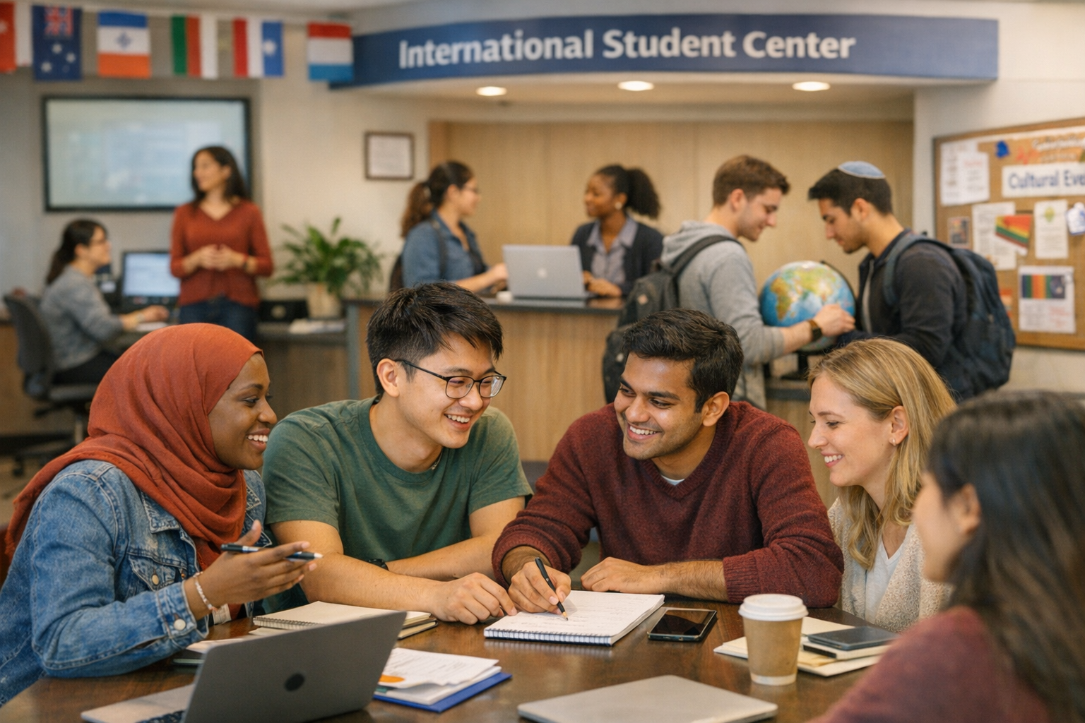 International students collaborating in a supportive campus environment focused on international student retention