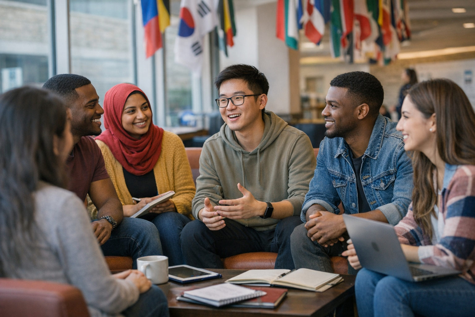 International Student Retention Through Peer Mentoring Programs Diverse group of students in peer mentoring session supporting international student retention efforts