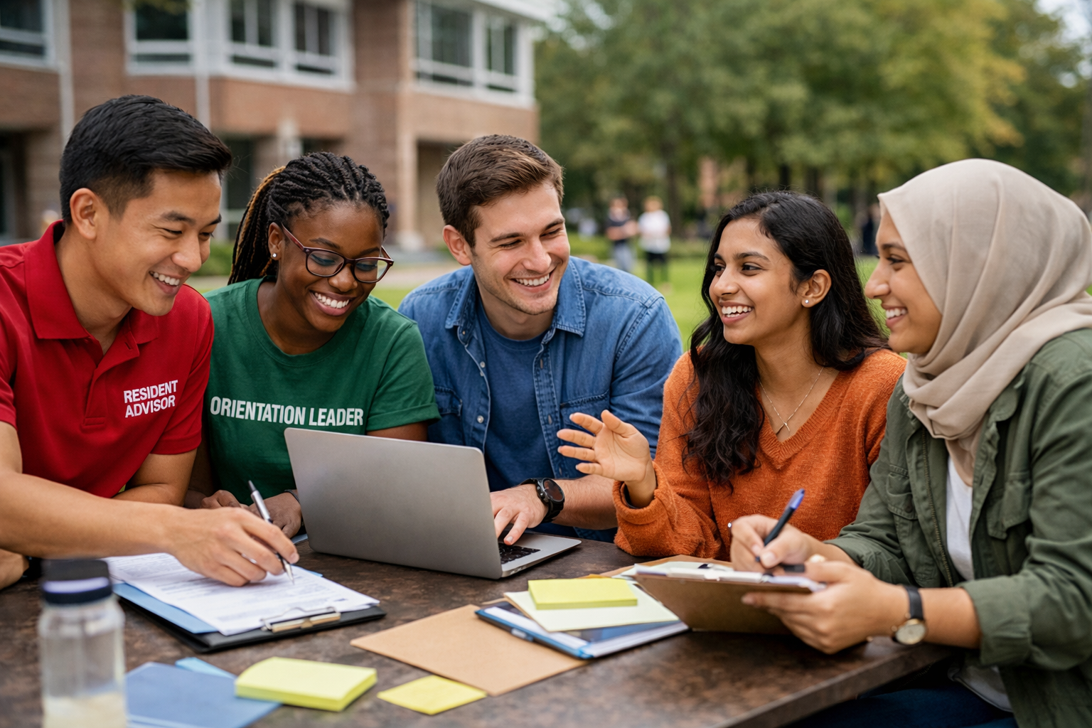 Diverse student leaders collaborating on campus, demonstrating student leadership and engagement