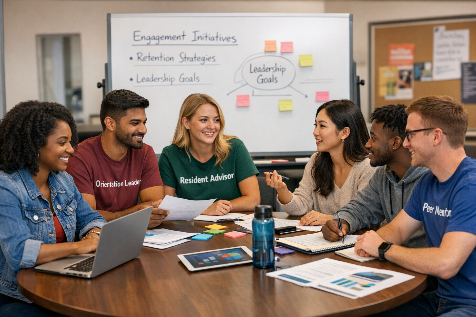 Diverse group of student leaders collaborating on campus engagement program and leadership initiative