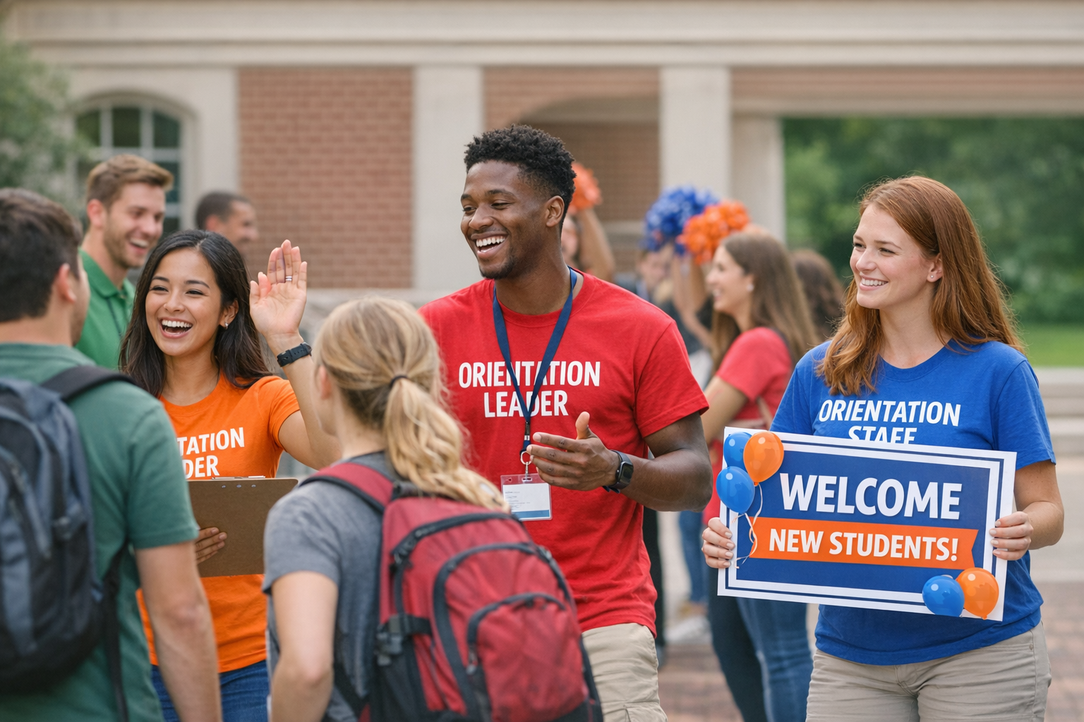 Orientation leaders exemplifying student leadership while welcoming new students to campus community