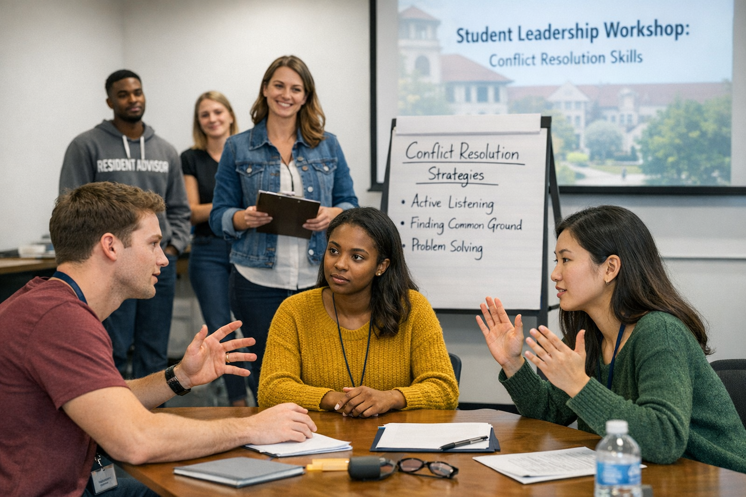 Student leadership training workshop for resident advisors learning conflict resolution skills