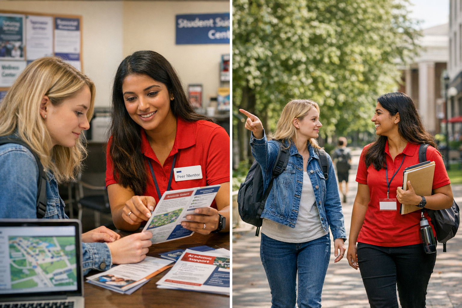 Student leadership peer mentor guiding first-year student through campus resources and transition