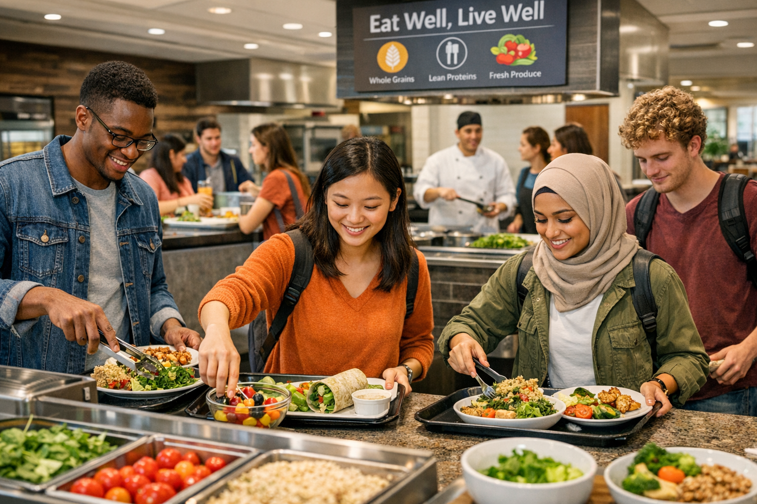 Diverse college students selecting healthy food options at campus nutrition programs in modern dining facility