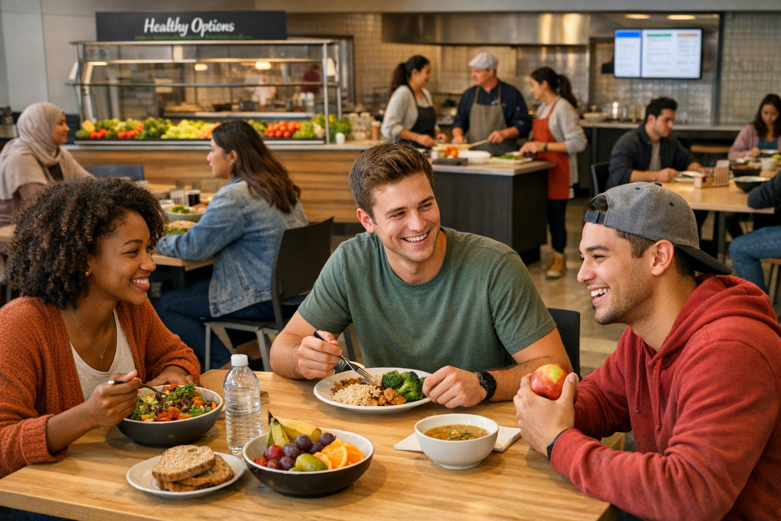 Students eating nutritious meals together in a modern campus dining hall, illustrating campus nutrition programs