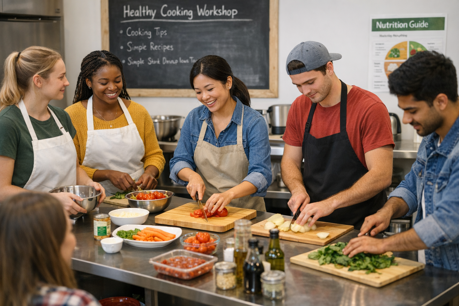 College students learning meal preparation skills in campus nutrition programs cooking workshop