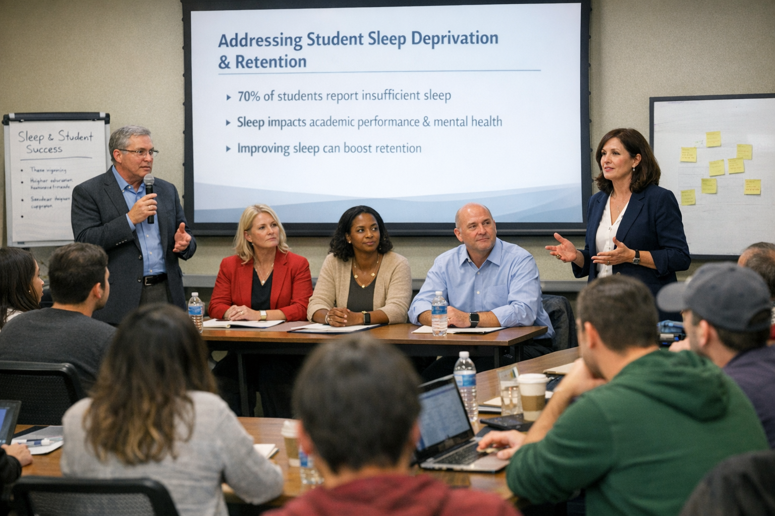 Campus Leaders Discussing Student Sleep and Retention Strategies Higher education administrators addressing student sleep deprivation as retention strategy in campus meeting