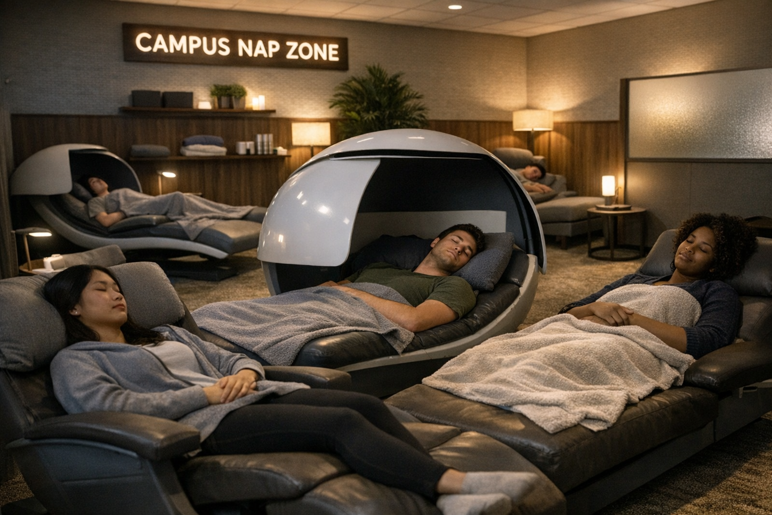 Campus Nap Space Supporting Student Sleep and Wellness Dedicated campus nap space with comfortable seating addressing student sleep deprivation through institutional support