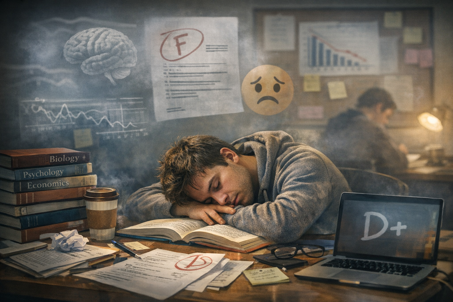 College student sleeping at desk with books showing student sleep deprivation affecting academic performance