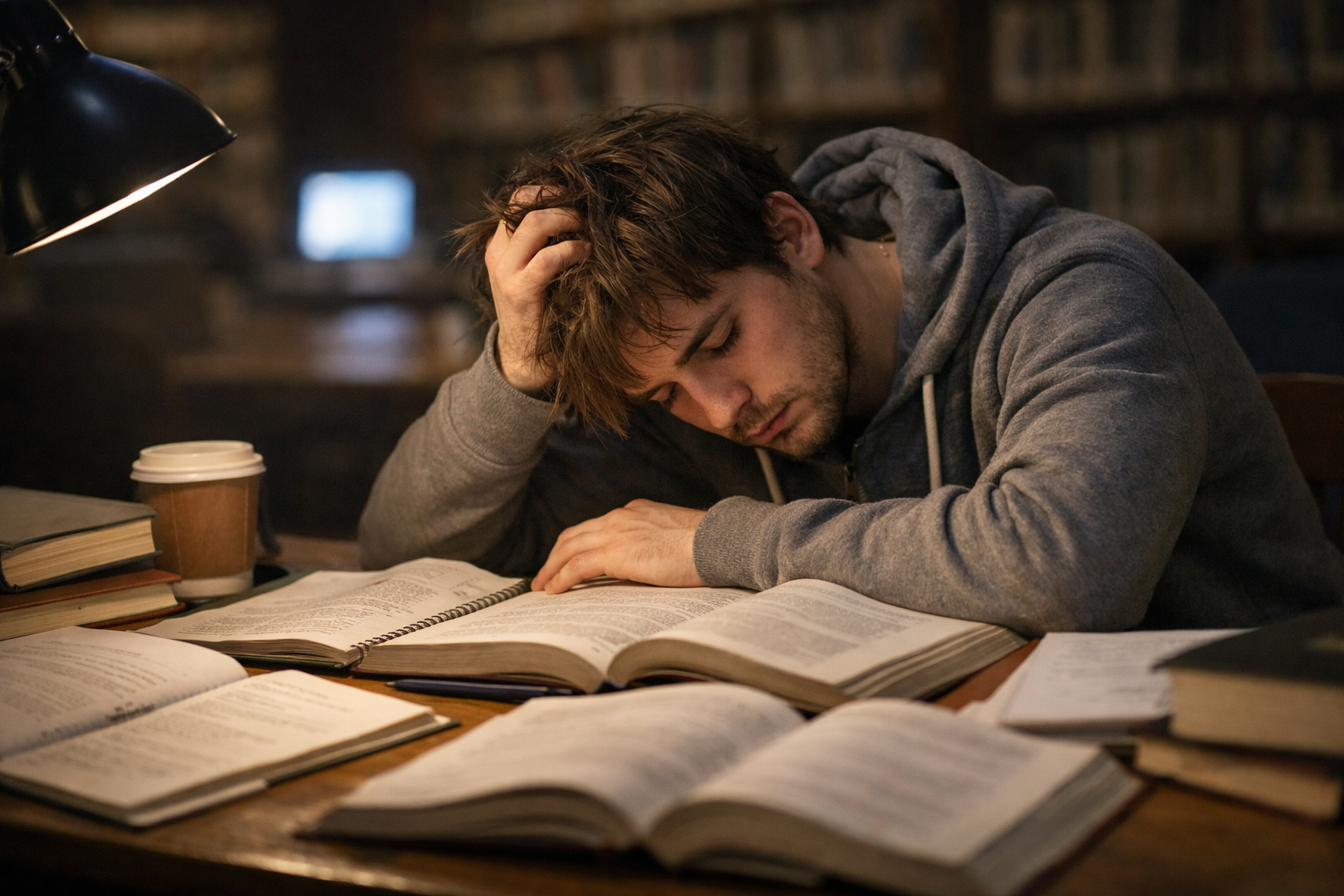 College Student Experiencing Sleep Deprivation While Studying Exhausted college student with student sleep deprivation studying late at library desk with open books