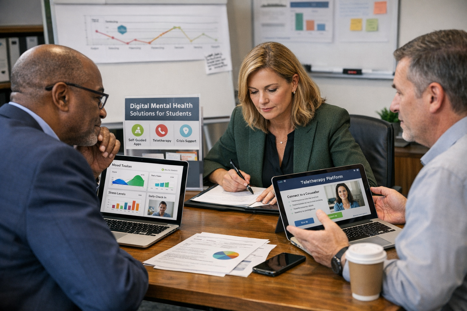 Student affairs administrators reviewing digital mental health tools for campus implementation