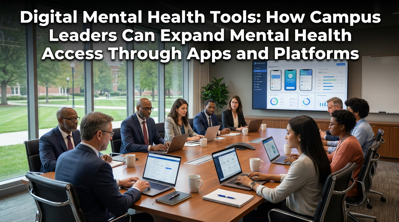 Campus leaders reviewing digital mental health tools and platforms for college students