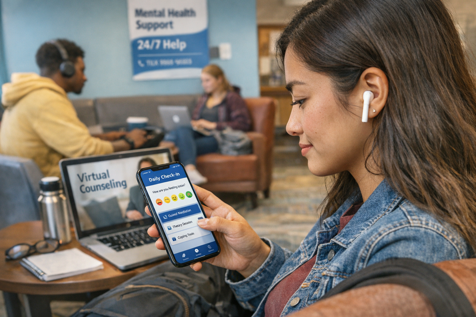 College student accessing digital mental health tools through mobile app for wellbeing support