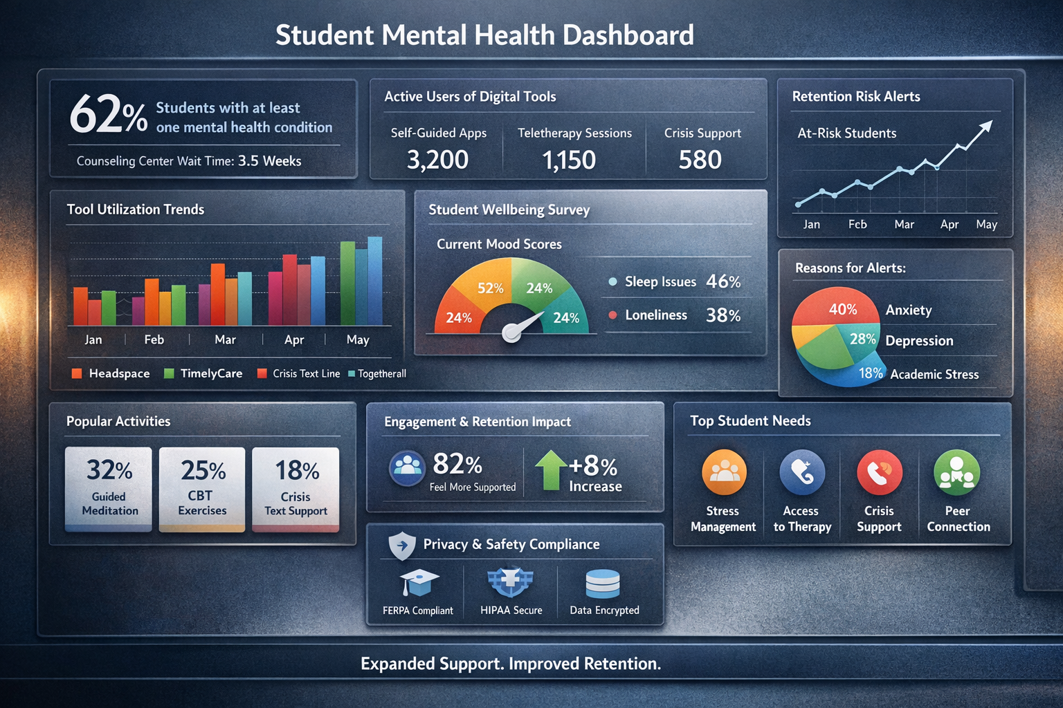 Administrative dashboard displaying digital mental health tools data and student wellbeing insights